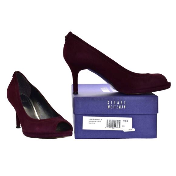 A5 Auth STUART WEITZMAN Logo Plainfield Bordeaux Suede Peep Toe Pumps Size 8.5 M - Picture 1 of 7